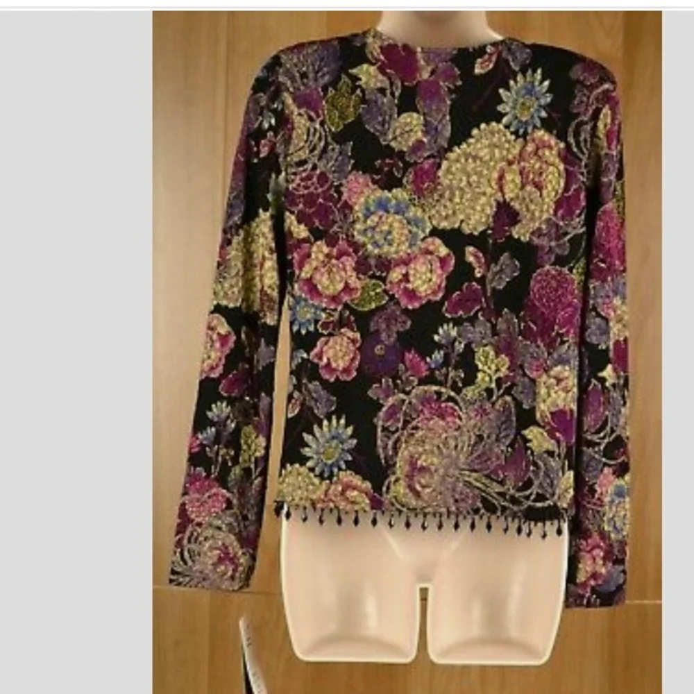 MSK Jacket Textured Floral Gold Beaded Fringe Hem Black Purple - Picture 2 of 9